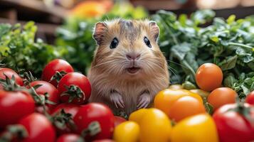 Cute guinea pig surrounded by fresh vegetables and colorful tomatoes in a market setting. photo