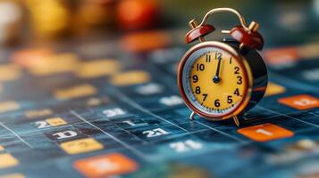 Vintage alarm clock on a colorful calendar with numbers and symbols in a cozy setting. photo