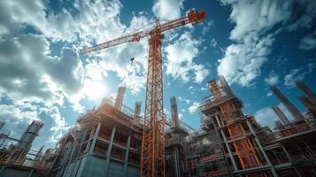 Construction site with a tall crane under blue sky and clouds in a urban setting during daylight. photo