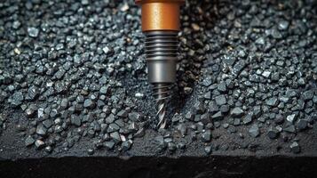 Close-up of a drilling tool cutting through black gravel in a construction setting. photo