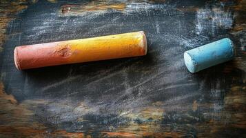 Colorful chalk pieces resting on a weathered blackboard surface in a creative setting. photo