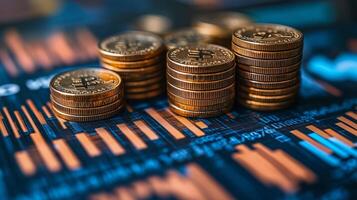 Bitcoin coins stacked on cryptocurrency chart with fluctuating market trends. photo