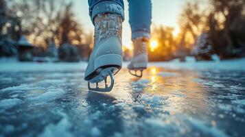 Beautiful sunset illuminates a figure skating on an outdoor rink in winter. photo