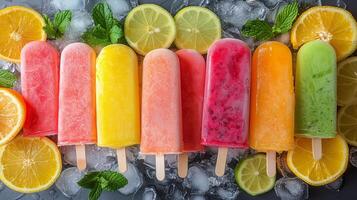 Colorful frozen pops arranged with fresh citrus fruits and mint leaves on a cool surface. photo