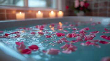 Relaxing bath with rose petals and candles for a serene evening experience. photo