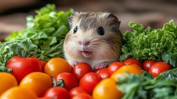 Cute hamster surrounded by fresh vegetables in a cozy indoor setting. photo