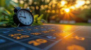 Clock beside calendar with sunset background capturing the passage of time in a serene outdoor setting. photo