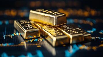 Gold bars stacked on a financial chart with market data and graphs in the background. photo