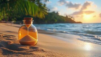 Hourglass on sandy beach at sunset with waves and palm trees in the background. photo