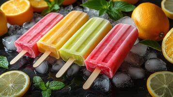 Refreshing fruit popsicles displayed on ice with vibrant citrus fruits in a colorful arrangement. photo