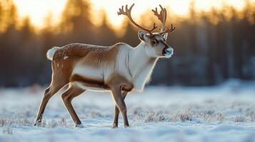 Reindeer walks through snowy pathway photo