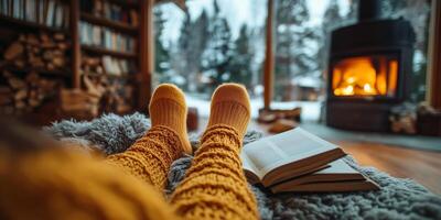 Cozy indoor reading by the fireplace on a winter day with warm socks and a book. photo