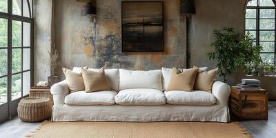 Cozy living room with a knitted blanket and decorative pillows near a window photo
