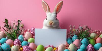 Cute white rabbit surrounded by colorful Easter eggs with a blank sign on a pink background. photo
