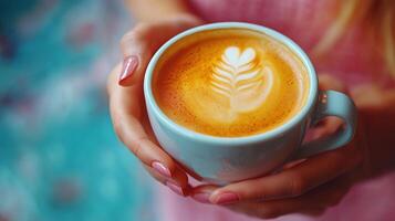 Enjoying a beautifully crafted latte with heart design in a cozy cafe setting. photo