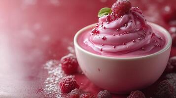 Refreshing raspberry swirl dessert served in a bowl with fresh berries on a vibrant red background. photo