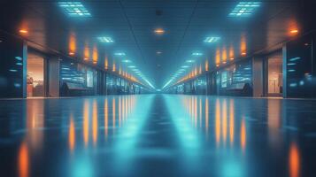 Vibrant hallway illuminated by blue and orange lights in modern building interior at night. photo
