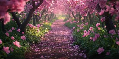 Path through blooming cherry blossom trees in a serene garden during springtime. photo