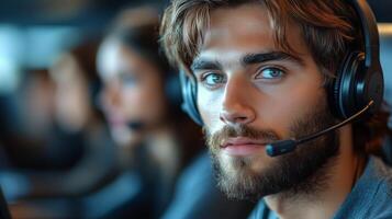 Young man focused on work at a call center with colleagues in the background during daytime hours. photo
