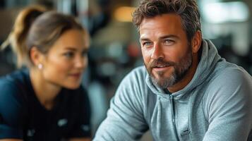 Engaging conversation between two friends at a gym during a fitness session. photo