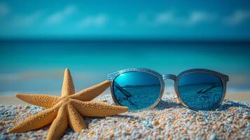 Sunglasses and starfish placed on sandy beach with clear blue ocean in the background. photo