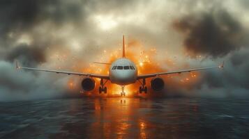 Airplane preparing for takeoff amidst an explosive backdrop at an airport in dramatic weather. photo