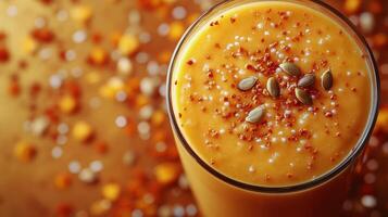 Delicious pumpkin smoothie topped with seeds and spices on a wooden surface. photo
