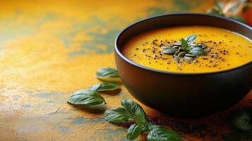 Creamy pumpkin soup garnished with seeds and fresh herbs on a vibrant background. photo