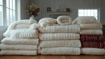 Warm collection of cozy blankets stacked in a bright room with natural light during winter. photo