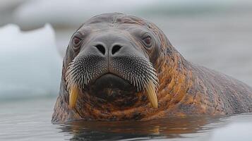 Walrus resting in icy waters of the Arctic during a sunny day, showcasing its impressive tusks and whiskers. photo