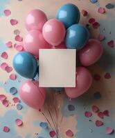 Colorful balloons and heart-shaped confetti create a festive background for a celebration or announcement. photo