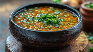 Warm lentil soup with fresh herbs and spices served in a rustic bowl on a wooden table. photo