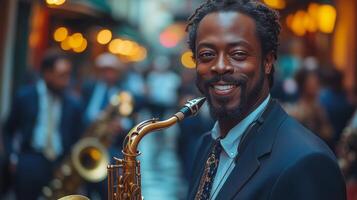 Musician plays saxophone in lively street during evening festival in vibrant neighborhood. photo