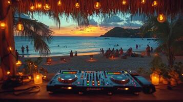 Sunset beach party with a DJ setup overlooking the ocean at a tropical location. photo