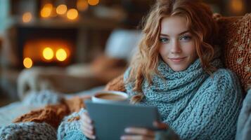 Cozy indoor moment with a woman enjoying a beverage and a tablet on a winter evening. photo