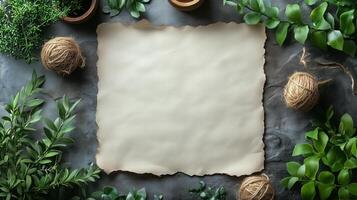 Rustic blank paper surrounded by greenery and decorative twine on textured background. photo