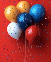 Colorful balloons with confetti on a bright red background for a festive celebration. photo