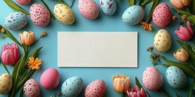 Colorful Easter eggs and spring flowers arranged on a blue surface with a blank card for greetings. photo