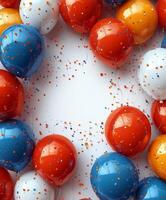 Colorful balloons and confetti create a festive atmosphere for celebrations or parties. photo