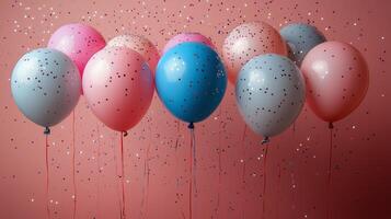 Colorful balloons with glitter against a pink background for a festive celebration. photo