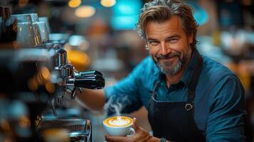 Skilled barista prepares latte art in cozy coffee shop during early morning hours. photo