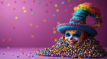 Colorful jester figure surrounded by vibrant beads on a purple background during a festive celebration. photo