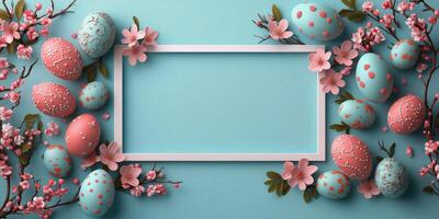 Colorful Easter eggs and flowers decorate a blue background for festive celebrations. photo