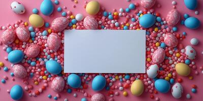Colorful Easter egg assortment with blank card on pink background for spring celebration. photo