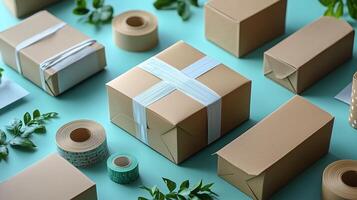 Creative packaging of various cardboard boxes arranged on a turquoise surface with decorative tape. photo