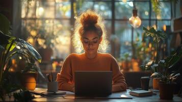 Woman working on a laptop surrounded by plants in a cozy indoor space during golden hour. photo