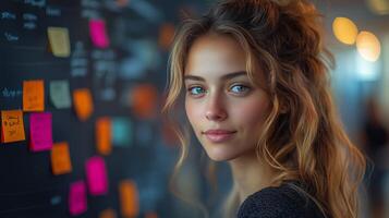 Young woman smiling at a creative workspace filled with colorful sticky notes in the background. photo