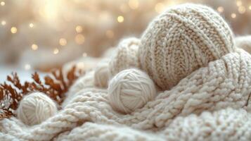 Cozy winter scene with knitted wool balls and textured fabric at a soft, warm light setting. photo