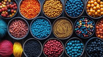 Colorful array of beads in various shades arranged in bowls on a wooden surface. photo
