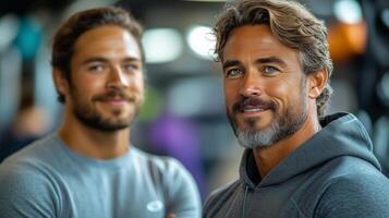 Muscular men smiling in a fitness center setting while promoting a healthy lifestyle and camaraderie. photo